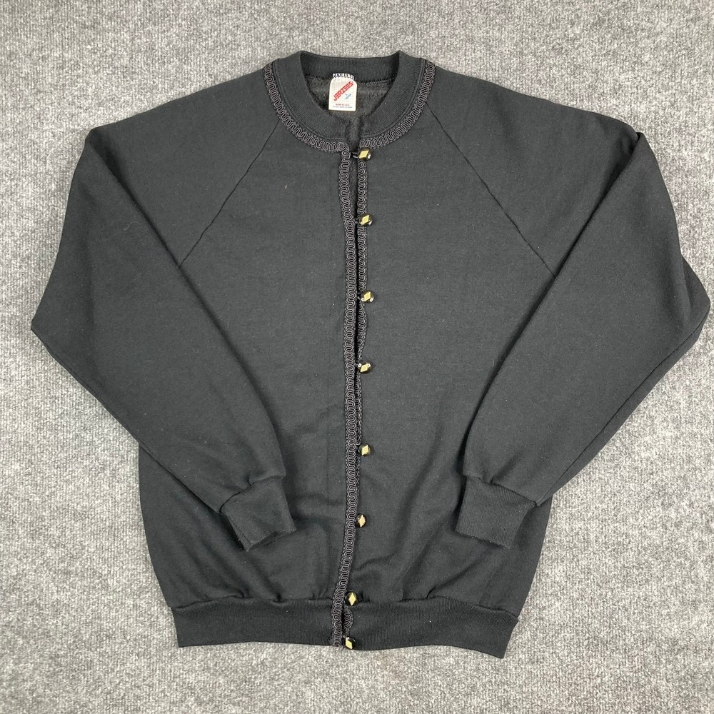 Jerzees Sweater Womens Size Large Black Button Front Gold Trim‎ Cardigan